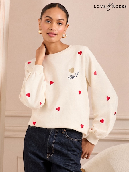 Love & Roses Ivory Embrodiered Heart Jersey Sweatshirt (AT0819) | £36