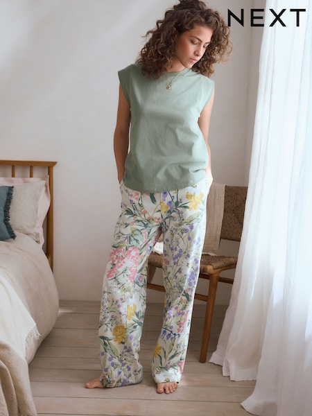 Sage Green Floral 100% Cotton Cap Sleeve Pyjamas (AT1047) | £24