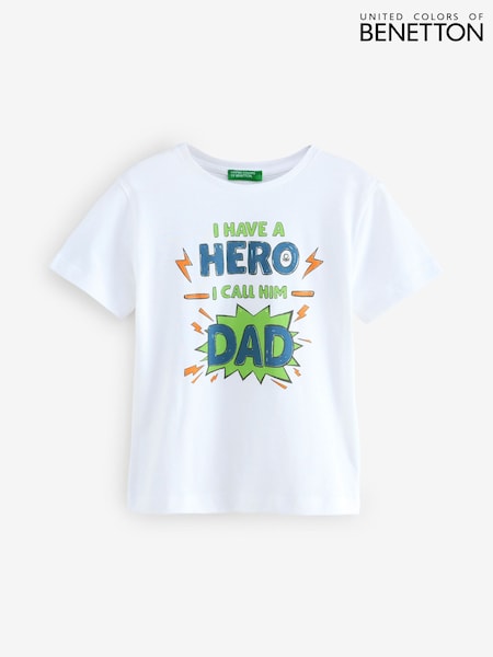 Benetton Boys Younger Printed 100% Cotton White T-Shirt (AT1102) | £10
