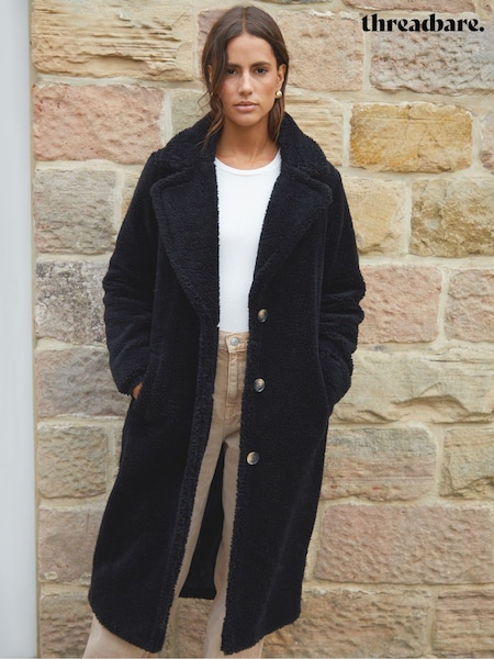 Threadbare Black Longline Borg Coat (AT1116) | £55