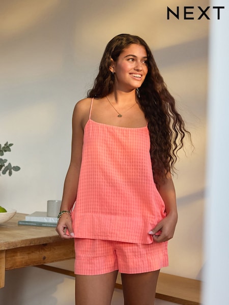 Fluro Pink 100% Cotton Gingham Cami Short Set Pyjamas (AT1148) | £38