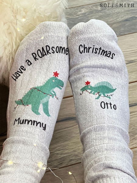 Solesmith Grey Personalised Me and You Dinosaur Print Christmas Socks (AT1198) | £20