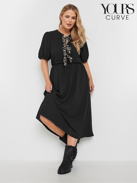 Yours Curve Black Limited Woven Leopard Print Bow Dress (AT1279) | £36