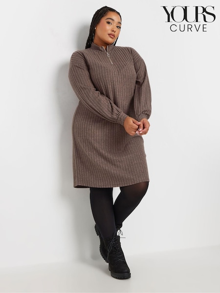 Yours Curve Brown Quarter Zip Tunic (AT1307) | £34