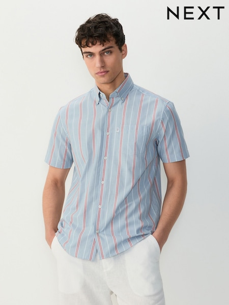 Petrol Blue/Red Short Sleeve With Button Down Collar Stripe Easy Iron Oxford Shirt (AT1402) | £24