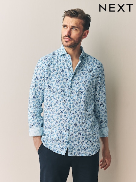 White/Blue Coral Regular Fit Print 100% Linen Long Sleeve Smart Shirt (AT1438) | £58