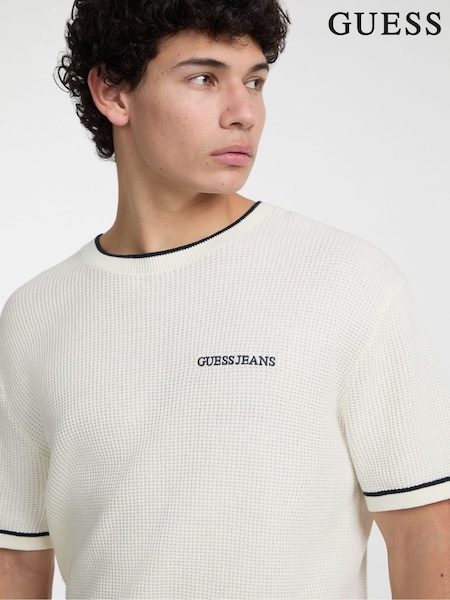 Guess Jeans Cream Embroidered Logo Short Sleeve Knit 100% Cotton T-Shirt (AT1550) | £59