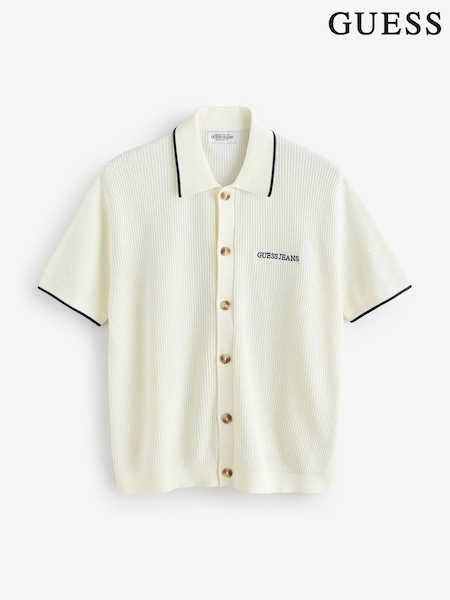 Guess Jeans Cream Embroidered Logo Short Sleeve Knit 100% Cotton Polo Shirt (AT1555) | £69