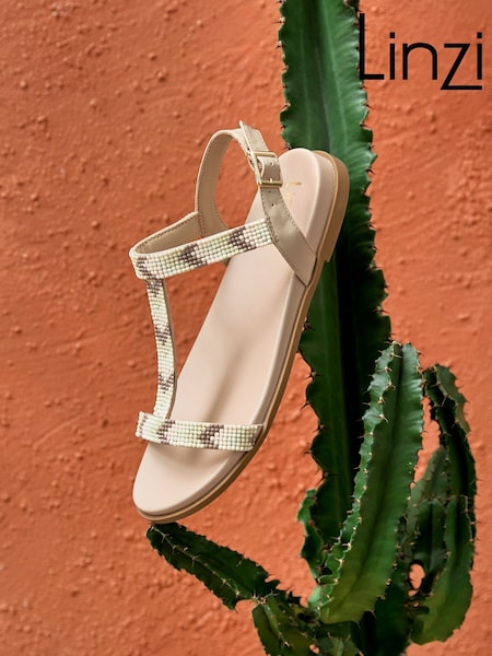 Linzi Natural Sandie T-Bar Embellished Flat Sandals (AT1690) | £34