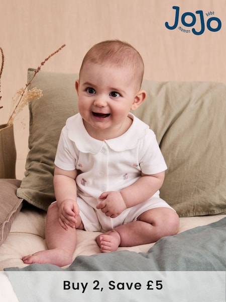 JoJo Maman Bébé White Cotton Short Sleeve Embroidered Romper (AT1957) | £19