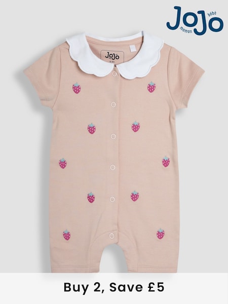 JoJo Maman Bébé Pink 100% Organic Cotton Short Sleeve Strawberry Sleepsuit (AT1964) | £19