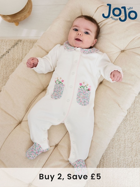 JoJo Maman Bébé Cream Footed Collar 100% Cotton Embroidered Sleepsuit (AT1966) | £21