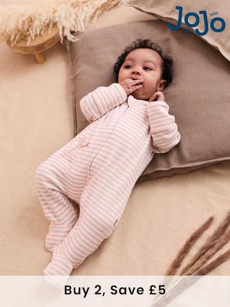 JoJo Maman Bébé Pink 100% Organic Cotton Bear Embroidered Sleepsuit (AT1970) | £21