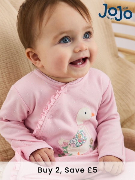 JoJo Maman Bébé Pink Duck 100% Cotton Footed Appliqué Sleepsuit (AT1979) | £21