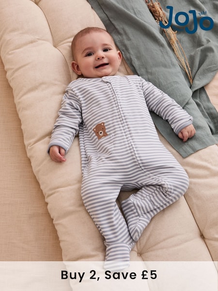 JoJo Maman Bébé Blue 100% Organic Cotton Bear Embroidered Sleepsuit (AT1998) | £21