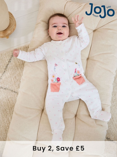 JoJo Maman Bébé White Footed Embroidered Sleepsuit (AT1999) | £21