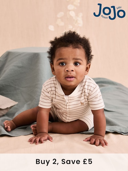 JoJo Maman Bébé Cream 100% Cotton Short-Sleeved Stripe Romper (AT2000) | £16