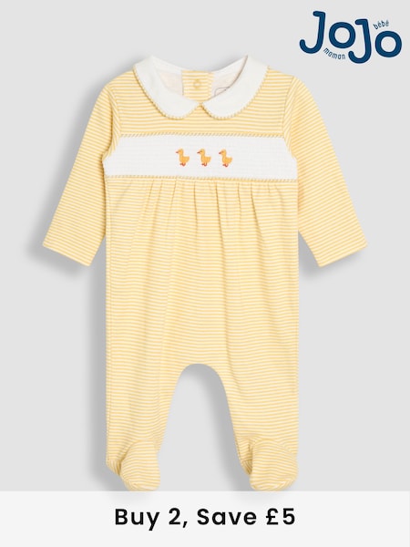 JoJo Maman Bébé Yellow Cotton Footed Smocked Embroidered Sleepsuit (AT2004) | £23