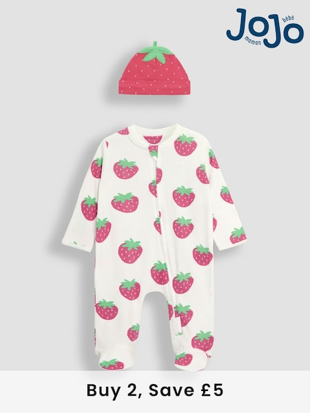 JoJo Maman Bébé White 2-Pack Strawberry Sleepsuit & Hat Set (AT2006) | £26
