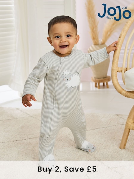 JoJo Maman Bébé Grey 100% Cotton Footed Appliqué Zip Sleepsuit (AT2010) | £21