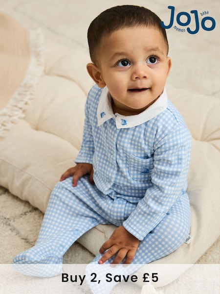 JoJo Maman Bébé Blue 100% Cotton Footed Collared Sleepsuit (AT2012) | £21