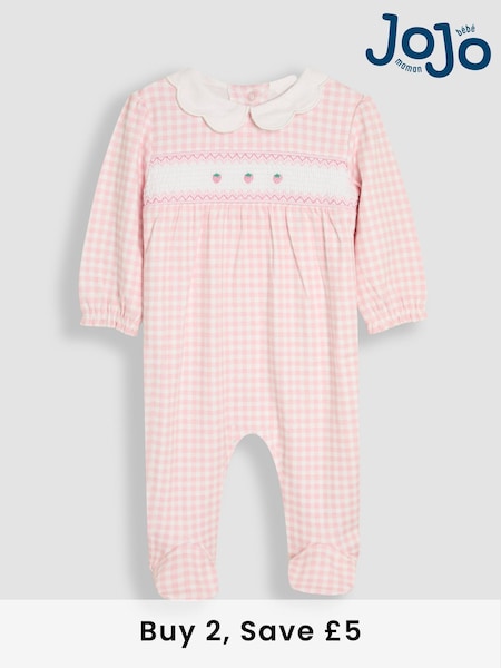 JoJo Maman Bébé Pink Footed Smocked Embroidered 100% Cotton Sleepsuit (AT2031) | £23