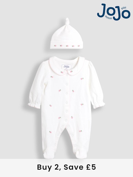 JoJo Maman Bébé Cream Cotton Collared 2-Piece Embroidered Sleepsuit and Hat Set (AT2034) | £26