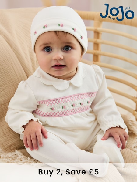 JoJo Maman Bébé Cream 100% Cotton Smocked Sleepsuit and Hat Set 2 Piece (AT2043) | £26