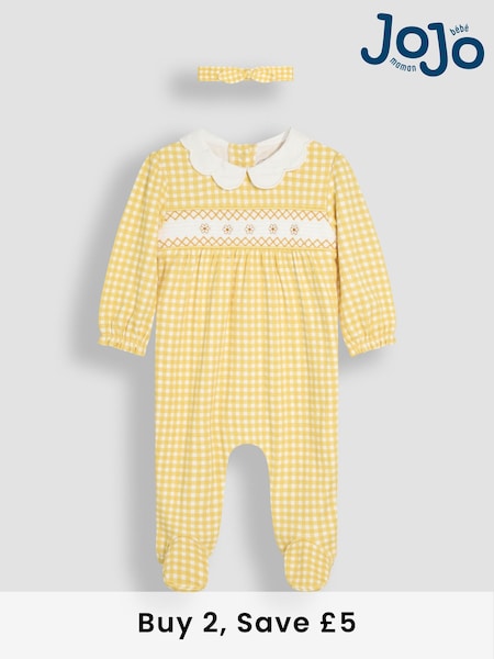 JoJo Maman Bébé Yellow Smocked 100% Cotton Sleepsuit and Headband Set 2 Piece (AT2047) | £26