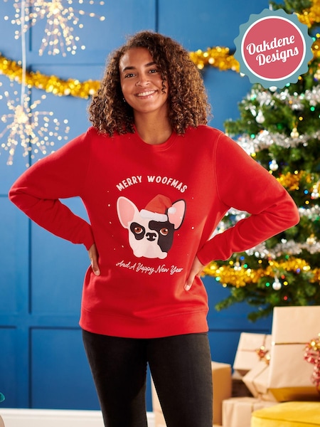 Oakdene Womens Red Personalised Red Dog Breed Christmas Jumper (AT2084) | £30