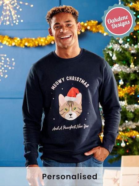 Oakdene Mens Red Personalised Red Cat Breed Christmas Jumper (AT2087) | £30