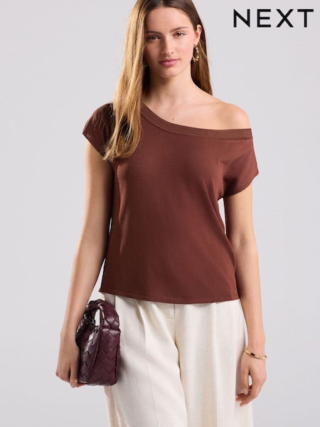 Brown Rust Asymmetric Draped Off The Shouler Top (AT2129) | £30