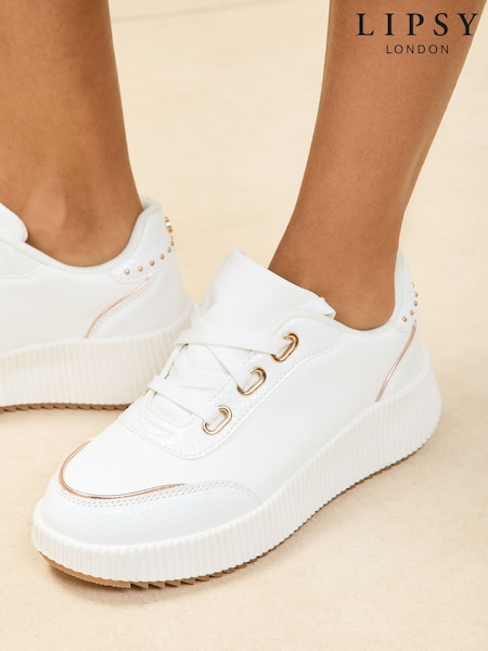 Lipsy White Flat Chunky Flatform Lace Up Trainers (AT2154) | £49