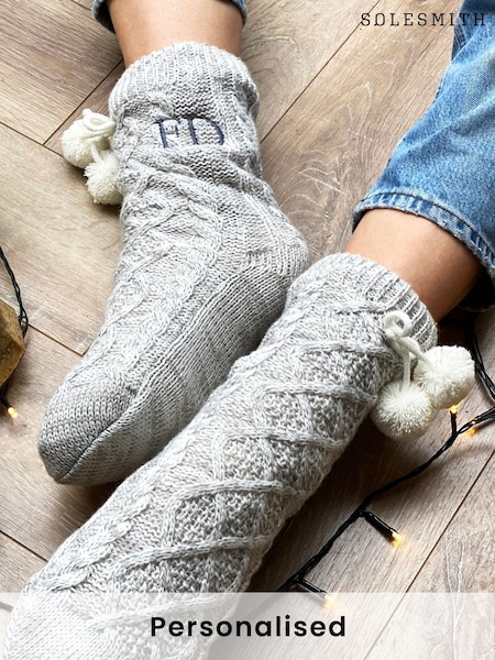 Solesmith Personalised Grey Pom Pom Slippers (AT2178) | £35