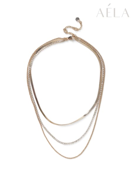 Aela Gold Tone Rhinestone Multirow Necklace (AT2246) | £16.50