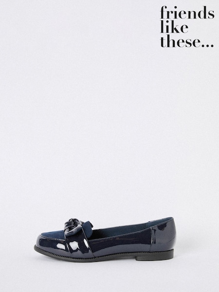 Friends Like These Navy Flat Comfort Bow Faux Leather Patent Loafers (AT2350) | £27