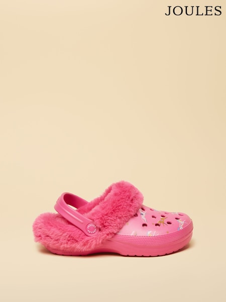 Joules Kids Winter Poole Pink Printed Faux Fur Lined Clogs (AT2368) | £14.95