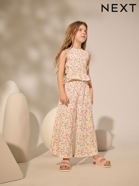 Ecru Floral Ditsy Top and Wide Leg Trousers Set (3-16yrs) (AT2459) | £15 - £21