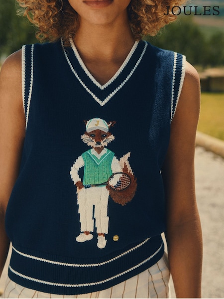 Joules Jonty Navy Intarsia Fox Knitted Cotton Vest (AT2716) | £60