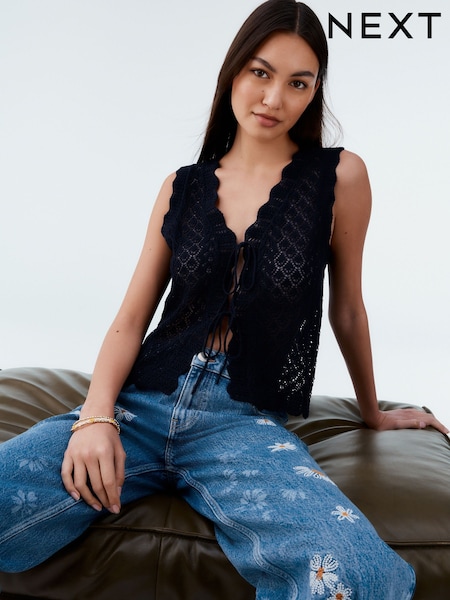 Blue Navy Lace Knit Tie Front Vest with Linen (AT2717) | £34