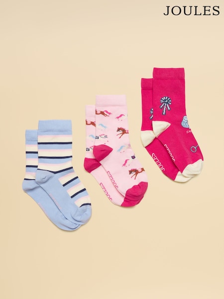 Joules Neat Feet Bright Pink 3 Pack Socks (AT2744) | £11.95