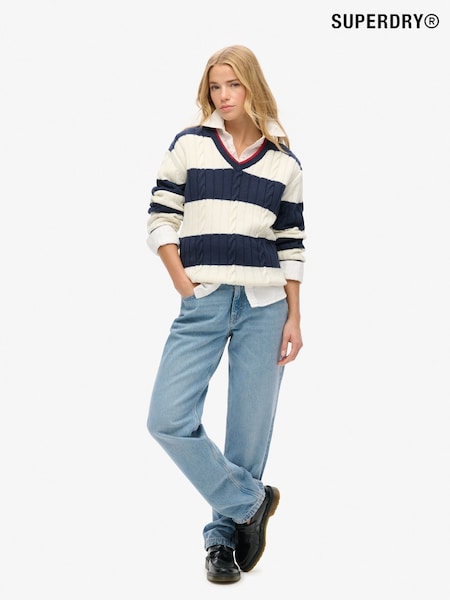 Superdry Blue Oversized Stripe Cable V-Neck Jumper (AT2781) | £50