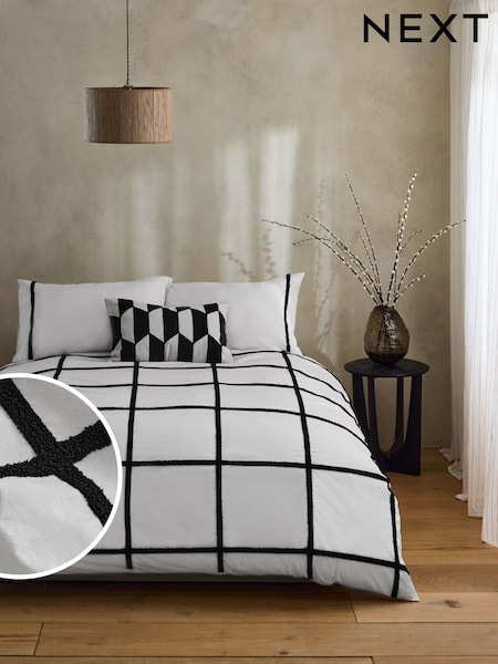 Natural Tufted Check 100% Cotton Duvet Cover and Pillowcase Set (AT2792) | £45 - £75