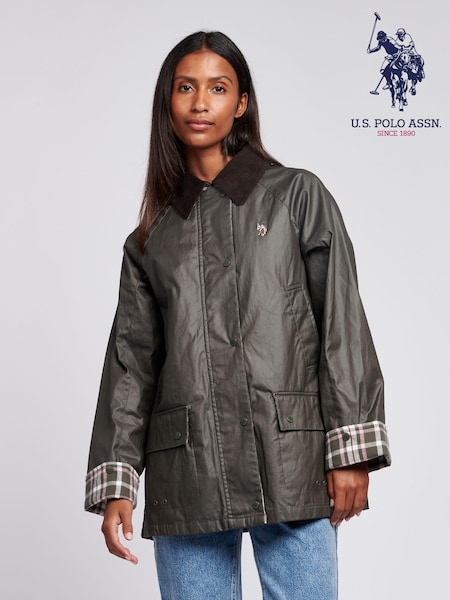 U.S. Polo Assn. Grey Womens Waxed 100% Cotton Short Parka (AT2795) | £175