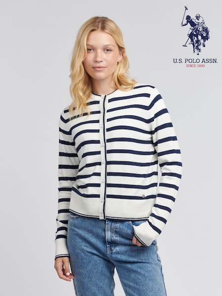 U.S. Polo Assn White Womens Fine Knit Stripe Cardigan (AT2807) | £65