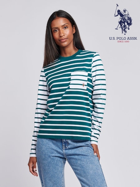 U.S. Polo Assn Green Womens Mixed Stripe Long Sleeve 100% Cotton T-Shirt (AT2813) | £40
