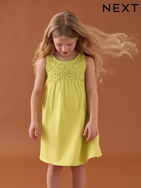 Citrine Yellow 100% Cotton Crochet Front Dress (3-16yrs) (AT2970) | £16 - £22