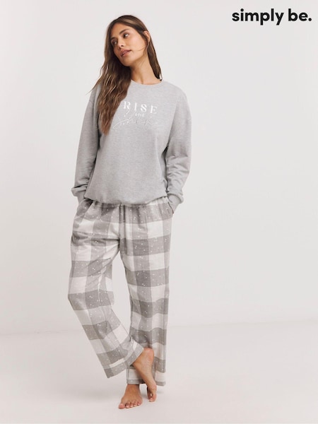 Simply Be Grey 100% Cotton Sweatshirt With Check Pyjamas Bottoms (AT2975) | £31