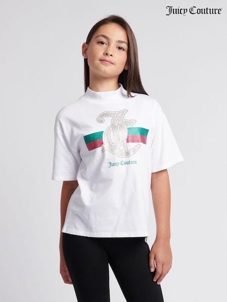 Juicy Couture White Girls Glitter Stripe 100% Cotton T-Shirt (AT2994) | £30 - £36