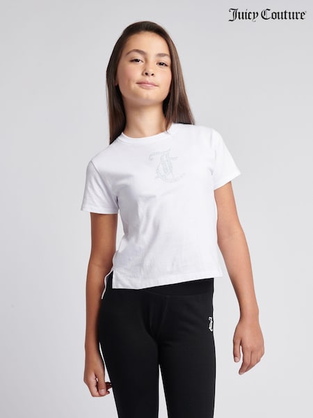Juicy Couture White Girls Tonal Diamante Fitted 100% Cotton T-Shirt (AT3001) | £25 - £30